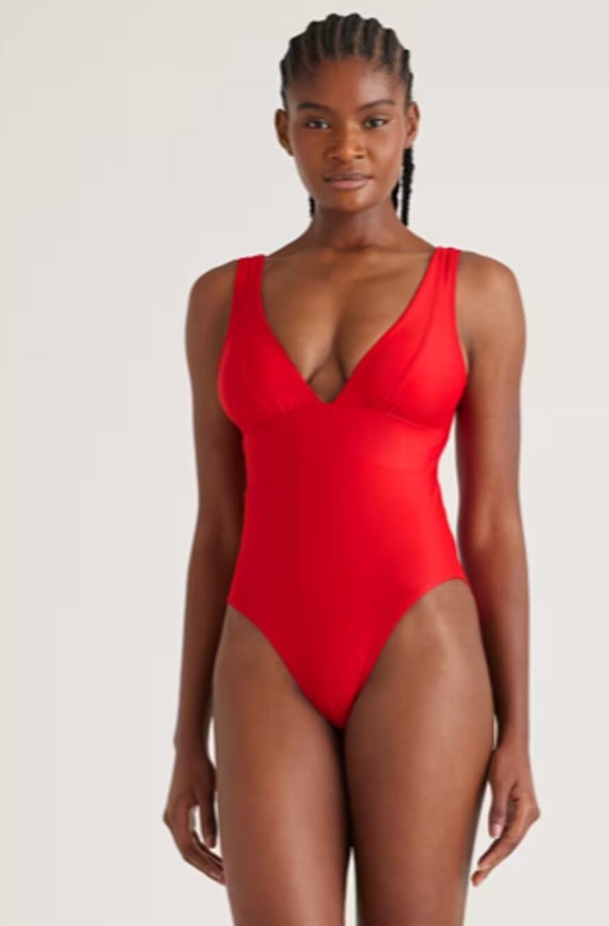 Quince Italian Plunge One-Piece Swimsuit Cherry Red Size Medium NEW